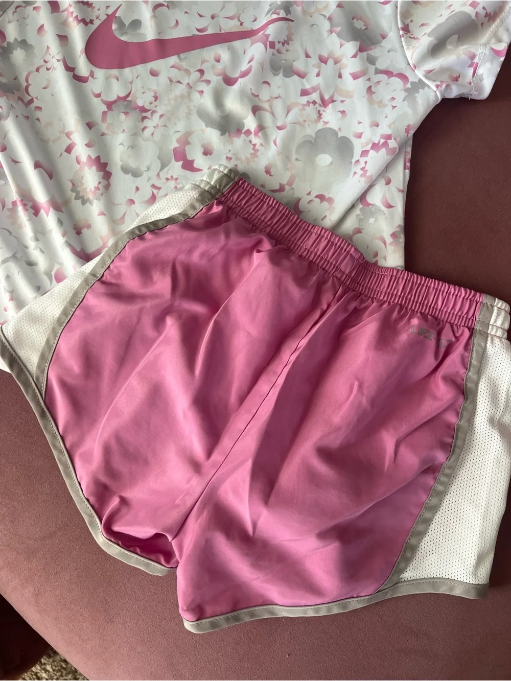 Nike Pink & White Floral Short Sleeve Top with Pink Athletic Shorts Set